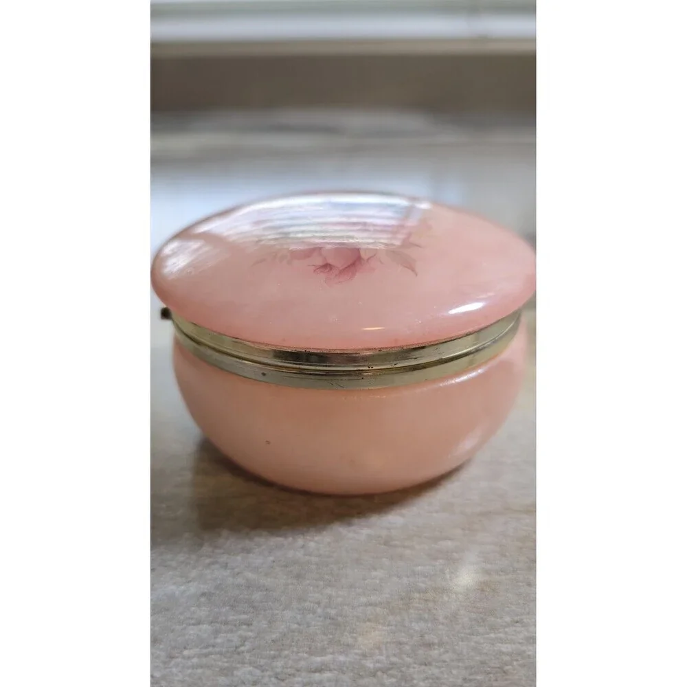 Vintage Genuine Italian Alabaster Hand Carved Pink Floral Trinket Jewelry Box